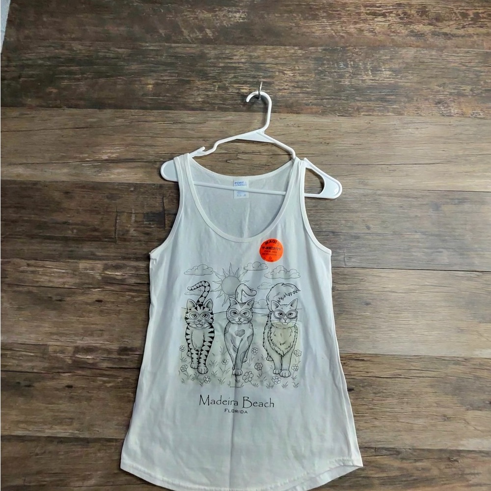 Madeira Beach Graphic Cat Tank Top - White